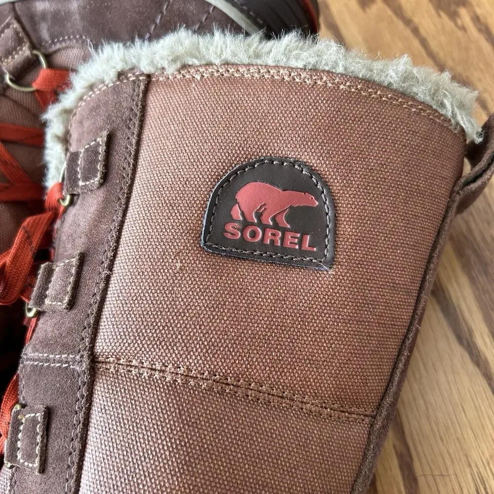 Sorel Women’s 8 Winter Snow Boots Brown Red Lace Faux Fur Tall Waterproof